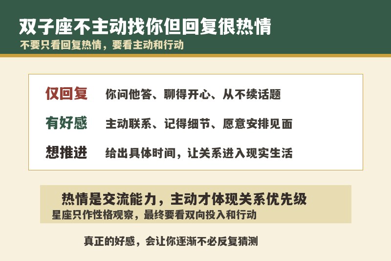 双子座不主动找你但回复很热情，是什么意思？