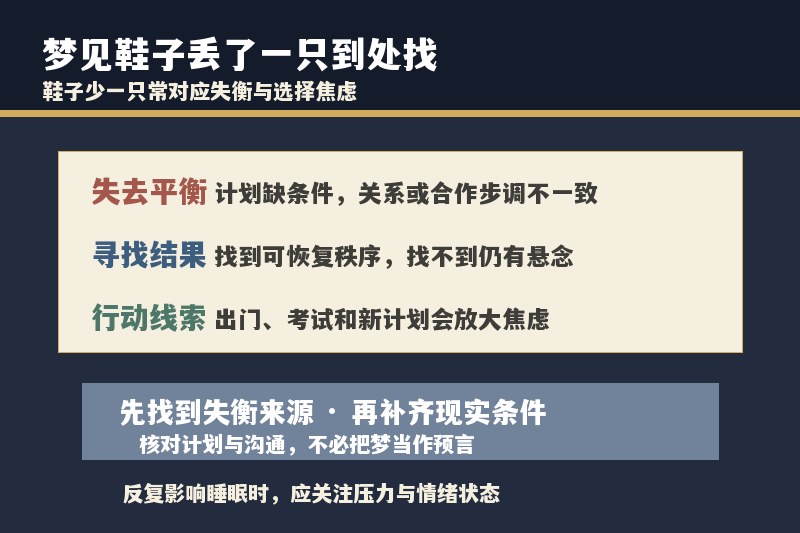 梦见鞋子丢了一只到处找是什么意思？一直找不到说明什么